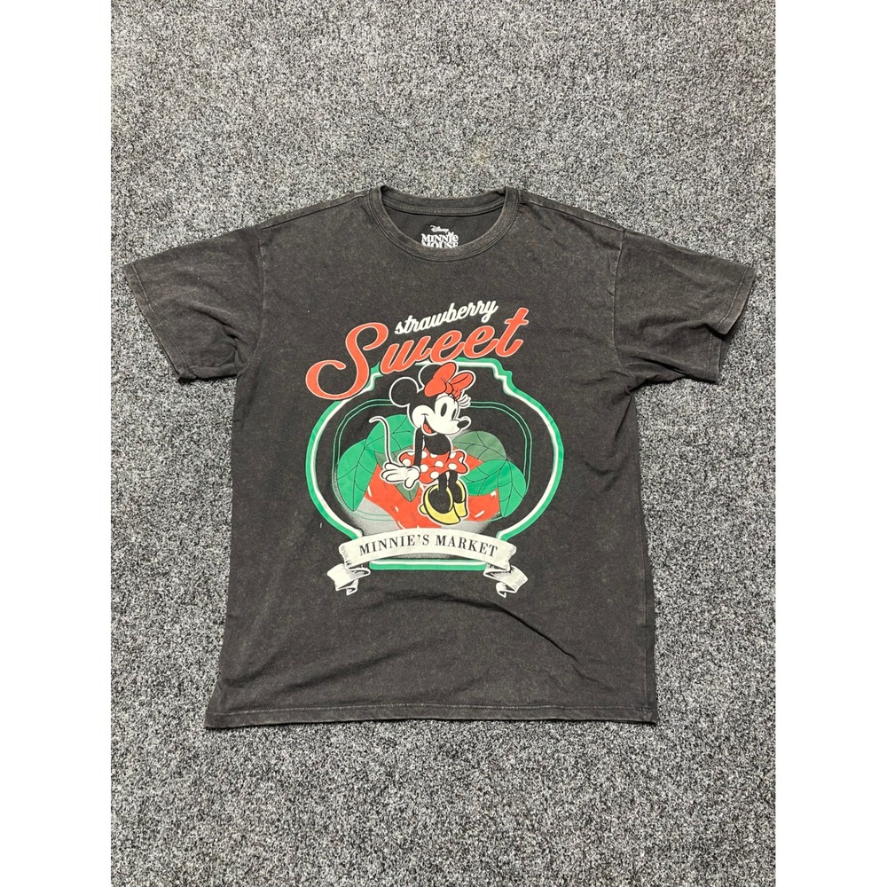 Disney Minnie Mouse Strawberry Sweet Graphic T-Shirt Gray Acid Wash Large